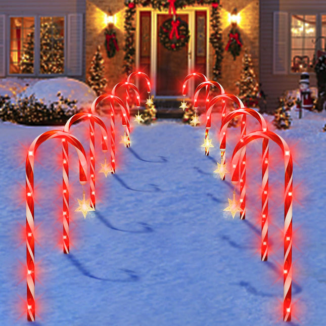 Outdoor Christmas Decorations, 10 Pcs Christmas Candy Cane Lights with Hanging Star, 21'' Solar Pathway Lights with 8 Modes, Waterproof Garden Lights for Outdoor Xmas Patio Yard Walkway Decorations