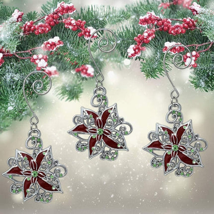 Poinsettia Christmas Ornaments - Set of 3 Silver Filigree Red and Green Jeweled Poinsettias - 2" D
