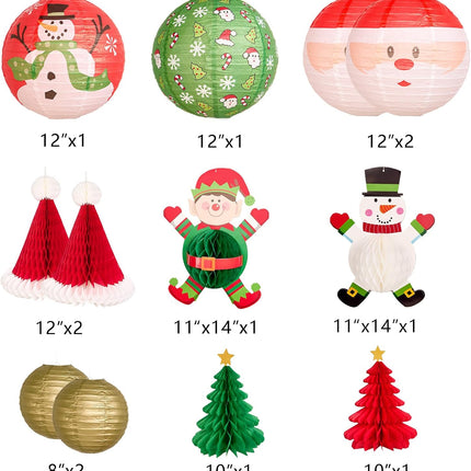 12Pc Gold Red Green Christmas Elf Paper Lantern Decoration Set, 3D Xmas Hat, Santa Claus, Snowman Tissue Paper Honeycomb, Indoor Outdoor Hanging Xmas Tree Star Garland Holiday Party Supply 12, 10, 8''