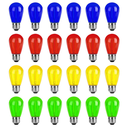 24-Pack S14 Colored LED String Light Bulbs Replacement, E26 Base 1W Plastic Shatterproof Waterproof, Christmas Light Bulb Red, Green, Yellow, Blue