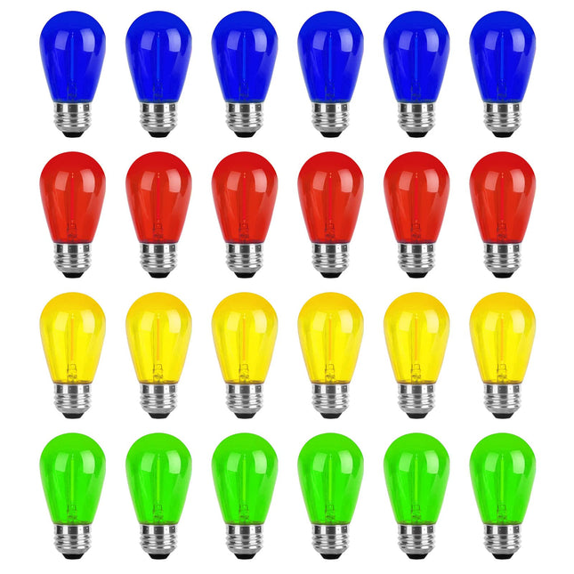24-Pack S14 Colored LED String Light Bulbs Replacement, E26 Base 1W Plastic Shatterproof Waterproof, Christmas Light Bulb Red, Green, Yellow, Blue