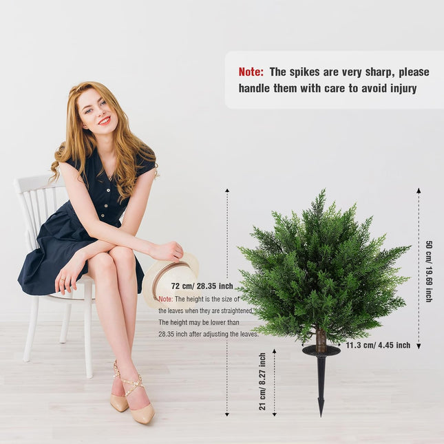 28.35 Inch 2 Set Artificial Cypress Topiary Tree, Outdoor Indoor Faux Boxwood Bush Plants, Fake Cedar Potted with Ground Spike for Home Front Porch Decor Outside Garden