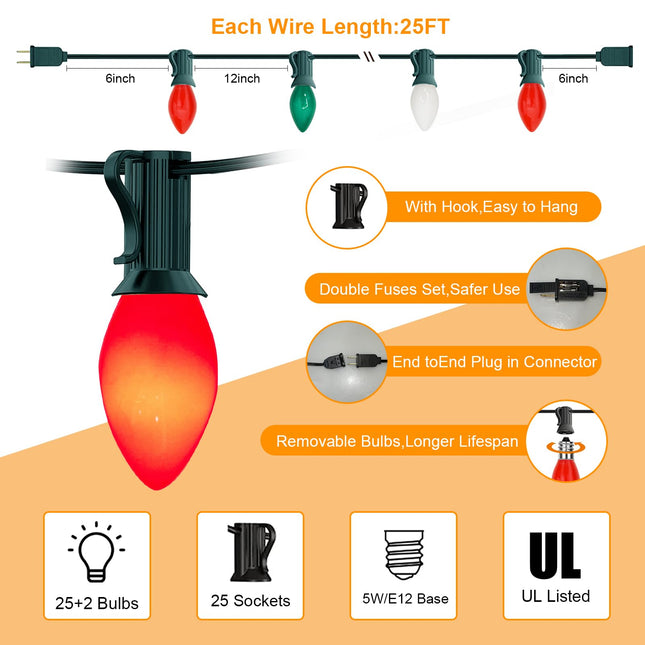 C7 Christmas Lights Multicolor, 25Ft C7 Red/Green/White Vintage Christmas Lights 27 Multicolor Incandescent Lights Bulbs, Christmas Tree Lights for Holiday Party Christmas Decorations