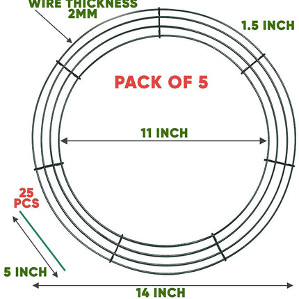 Pack of 5 Wire Wreath Frame (14 Inch) with 25 Twist Ties – Round Metal Wreath Form for Crafts & Floral Decorations on Weddings Christmas Home Party Celebrations, Dark Green