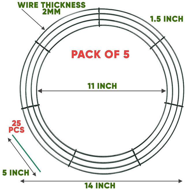 Pack of 5 Wire Wreath Frame (14 Inch) with 25 Twist Ties – Round Metal Wreath Form for Crafts & Floral Decorations on Weddings Christmas Home Party Celebrations, Dark Green