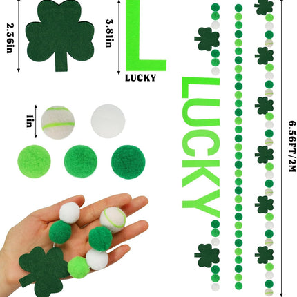 3PCS St Patrick's Day Felt Ball Garlands with Shamrock,Green/Dark Green/White Pom Pom Garland 6.6FT Felt Ball Garland Banner Hanging Decoration,Irish Themed Party Favors for Home Fireplace Mantle