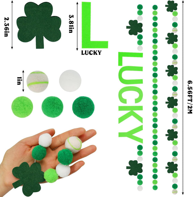 3PCS St Patrick's Day Felt Ball Garlands with Shamrock,Green/Dark Green/White Pom Pom Garland 6.6FT Felt Ball Garland Banner Hanging Decoration,Irish Themed Party Favors for Home Fireplace Mantle