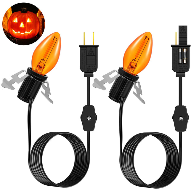 Enhon 2 Pack Accessory Cord with 1 LED Light Bulb, Blow Mold Light with C7 Lamp, Black Cord with On/Off Switch Plug, Christmas Village Light for Holiday Indoor Decor Craft Projects (Orange)