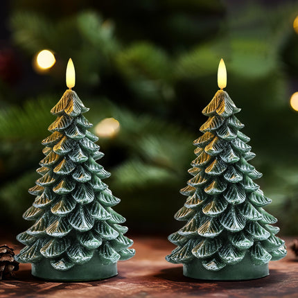 Homemory Christmas Tree Candles with 6 Hours Timer, 2 Pcs Waxy LED Flameless Candles Flickering, Green Electric Candles Battery Operated for Year Celebration Holiday Decorations 8.5 Inches