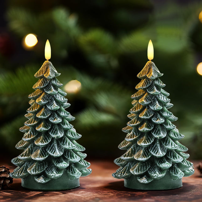 Homemory Christmas Tree Candles with 6 Hours Timer, 2 Pcs Waxy LED Flameless Candles Flickering, Green Electric Candles Battery Operated for Year Celebration Holiday Decorations 8.5 Inches