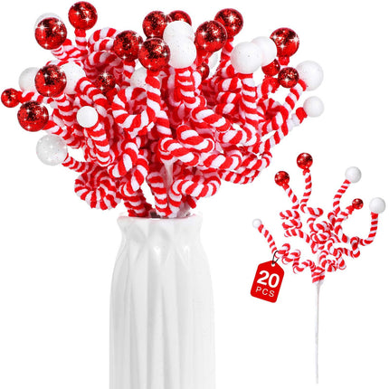 Zeyune 20 Pcs Christmas Tree Decoration Sequins Ball Curly Pick Christmas Glitter Berries Spiral Stem Christmas Tree Ornaments Topper Star Home Office Party Decorations s(Red and White)