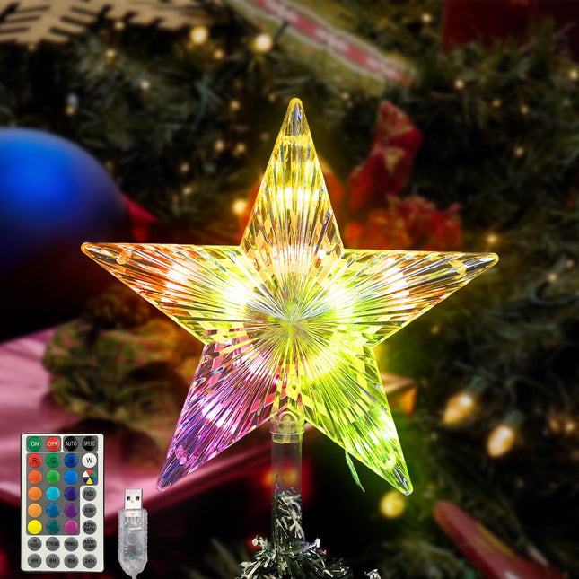 Christmas Tree Topper Star, 9.5 Inches Multi-Color LED Lighted Christmas Treetop Decorations with Remote, USB Powered for Xmas Holiday Party Decor for Indoor/Outdoor
