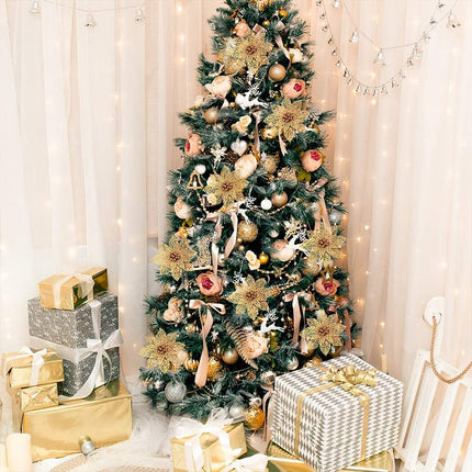 Winlyn 26 Set 3 Style Christmas Gold Glitter Poinsettia Flowers Picks Xmas Tree Ornaments and 12 Yards Decorative Gold Glittered Wired Ribbon for Gold Christmas Tree Wreaths Garland Holiday Décor