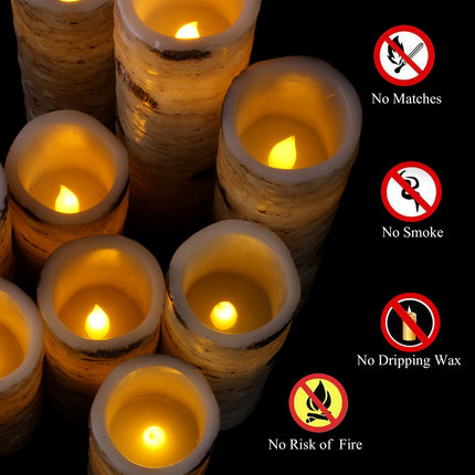Flameless Candles Birch Bark Effect Battery Operated Candles 4" 5" 6" 7" 8" 9" Set of 9 Real Wax Pillar LED Candles Each Candle 2.2" Diameter with 10-Key Remote Control 2/4/6/8 Hours Timer