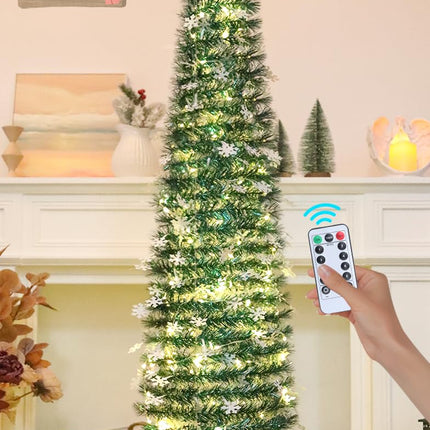 HMASYO 6 FT Pop Up Tinsel Christmas Tree with 100 LED Lights & Remote, Collapsible Artificial Pencil Tree with Snowflake Ornaments Xmas Decoration for Home, Office, Party, USB Powered Timer Lights