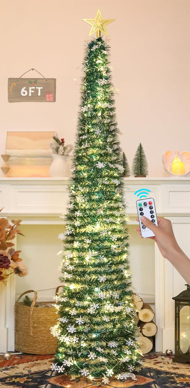 HMASYO 6 FT Pop Up Tinsel Christmas Tree with 100 LED Lights & Remote, Collapsible Artificial Pencil Tree with Snowflake Ornaments Xmas Decoration for Home, Office, Party, USB Powered Timer Lights