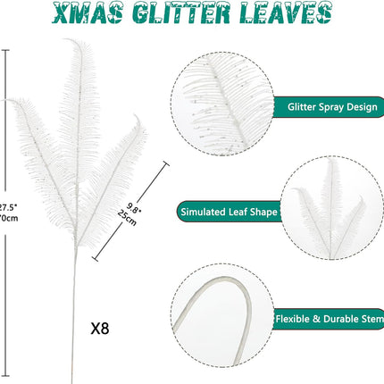 Oairse 8 Pcs Christmas Tree Picks and Sprays White Glitter Christmas Picks 28" Christmas Glitter Feathers Leaves Stems for Christmas Tree Filler Branches Wreaths Centerpieces Holiday Decorations