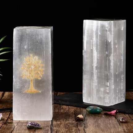 CNYANFEI 8” White Selenite Lamp with Tree of Life Etched Square Satin Spar Crystal Light for Table Decor