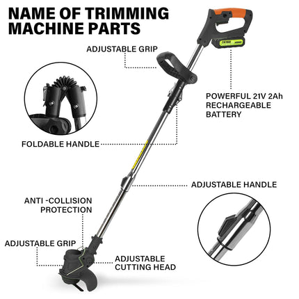 HUDAEN Cordless Grass Trimmer Weed Wacker, 3-in-1 String Trimmer Lawn Edger with 21V 2Ah Li-ion Battery for Garden and Yard with Wheel, Lightweight Adjustable Height Weed Eater Tool(Black)