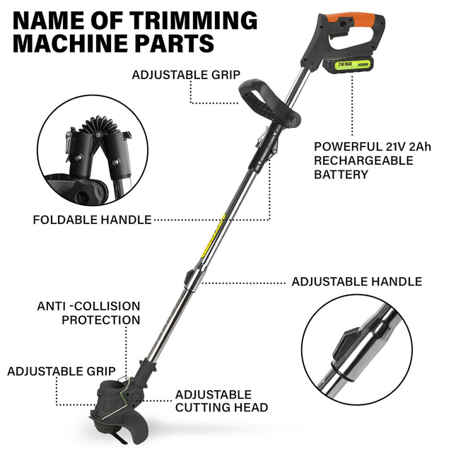 HUDAEN Cordless Grass Trimmer Weed Wacker, 3-in-1 String Trimmer Lawn Edger with 21V 2Ah Li-ion Battery for Garden and Yard with Wheel, Lightweight Adjustable Height Weed Eater Tool(Black)