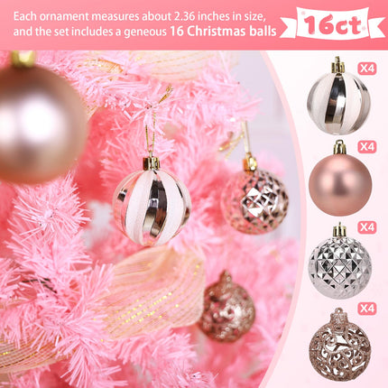 6ft Pink Artificial Christmas Tree: with Christmas Tree Balls Ornaments Shatterproof Xmas Bulbs & Decorative Mesh Ribbbon - Foldable Stand - Holiday Decoration for Party Indoor Home Xmas Tree Decor