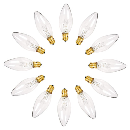 Holiday Joy - Crystal Clear Torpedo Tip Candelabra Replacement Bulbs - Great for Electric Window Candle Lamps - 7W - 120 Volts - E12 (12 Pack)