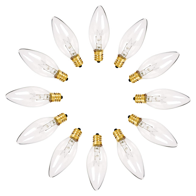 Holiday Joy - Crystal Clear Torpedo Tip Candelabra Replacement Bulbs - Great for Electric Window Candle Lamps - 7W - 120 Volts - E12 (12 Pack)