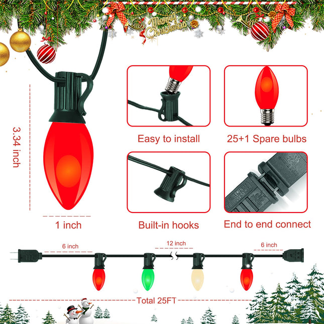 C9 LED Christmas String Lights Outdoor, 25Ft Vintage Christmas Lights with 26 C9 LED Red White and Green Bulbs, Hanging Christmas Lights for House Patio Garden Holiday Party Christmas Pathway Decor