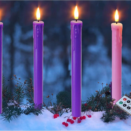 Set of 4 LED Christmas Advent Candle Lights, Battery Operated Taper Candles for Advent Wreath, 3 Purple 1 Rose Flickering Wax Flameless Candles for Holiday School Church Advent Celebration