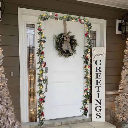 9ft Snowy Olive Christmas Garland with Lights, Pines and Stars,Battery Operated Garland with Timer, Christmas Garlands for Fireplace,StairRailing,Indoor, Outdoor Decor