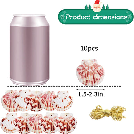 Christmas Seashells Beach Ornaments 10pcs, 2-3 Inch Hanging Scallop Shells for Decorating, Natural Beach Decorations for Home DIY Decor Wreath