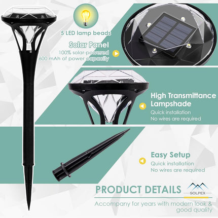 Solpex 6 Pack Diamond Solar Pathway Lights, Bright 5 Led Solar Lights Outdoor Waterproof, Up To 12 Hours Of Lighting Auto On/Off