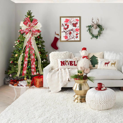 Christmas Tree Topper Bow, 55 "13" Large Glitter Artificial Flower Wreath Bow, with Long Streamer Mesh Wired Edge Ribbon Home/Restaurant Christmas Decoration