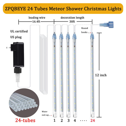 Meteor Shower Lights Christmas Lights Outdoor 24-Tube 576LEDs Snow Falling Rain Cascading Icicle Lights for Xmas Tree Christmas Decorations Wedding Party Holiday Garden Decor, UL Plug White