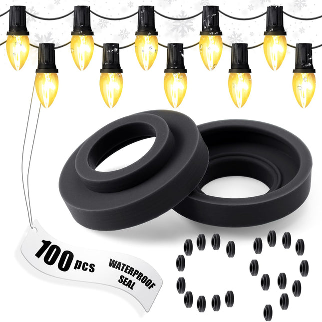 100 Pcs C9 Seal Ring Christmas Socket O-Ring Quick Connector Seals Protect C9 String Wire Strings with E17 Bases (Black)