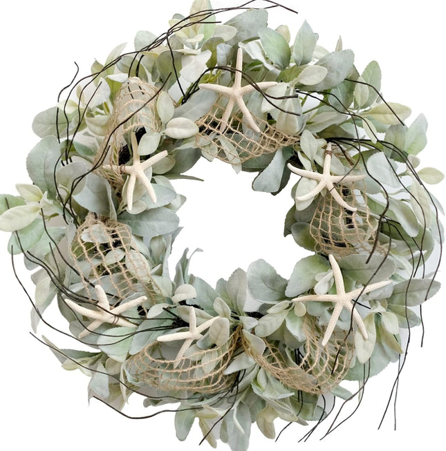CIR OAOSES 18 Inch Green Ear Lambs Leaves Starfish Wreath for Front Door, Rustic and Farmhouse Spring Summer Greenery Wreath for Inside and Outside, Grapevine Year Round Wreath for Home Decor