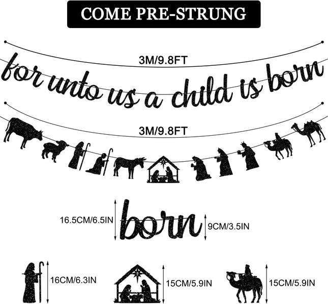 Black Glitter For Unto Us A Child Is Born Banner and Christmas Nativity Scenes Garland Banner Holy Family Xmas Nativity Party Decorations Jesus Manger Scene Religious Christmas Holiday Fireplace Mantle Supplies