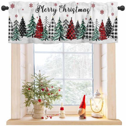 Christmas Curtain Valances for Windows, Buffalo Plaid Christmas Tree Snowflake Rod Pocket Valance Window Treatments Winter Xmas Short Curtains for Kitchen Bathroom Living Room 42 x 18 Inches, 1 Panel