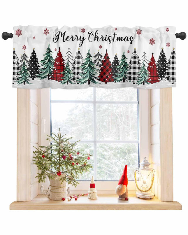 Christmas Curtain Valances for Windows, Buffalo Plaid Christmas Tree Snowflake Rod Pocket Valance Window Treatments Winter Xmas Short Curtains for Kitchen Bathroom Living Room 42 x 18 Inches, 1 Panel