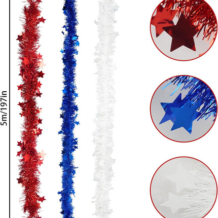 3 Pcs 50 Ft 4th of July Patriotic Garland Tinsel Stars Garland Decorations for Memorial Day 4th of July Outdoor Home Holiday Decor Blue, Red, White
