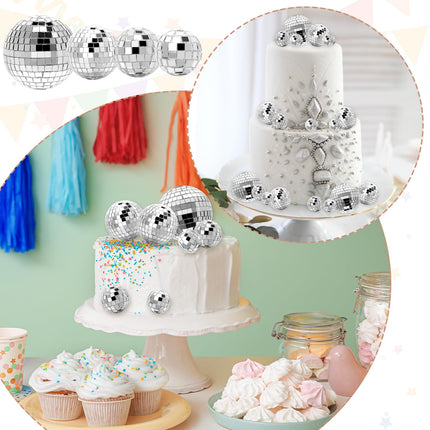 Geetery 70 Pcs Disco Ball Cake Topper Various Sizes Disco Ball Cake Decorations Reflective Mirror Disco Ball Decor Silver Disco Ball Centerpiece Disco Cake Topper for 70s Birthday Party Wedding