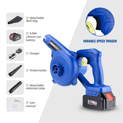 Leaf Blower Cordless, Leaf Blower with 20V 4.0Ah Battery and Charger, Electric Leaf Blower/Vacuum, 2-in-1 Blowers for Lawn Care Jobsite Light Yard Work Sweeping