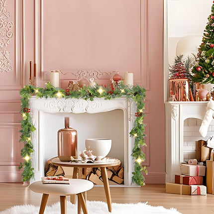 Christmas Garland with Lights, Pre-lit 6.25 FT Artificial Greenery Pine Cedar Eucalyptus Garland, Natural, Battery Operated, Decorate Mantle, Fireplaces, Front Door, Stairs Railing Xmas Decorations