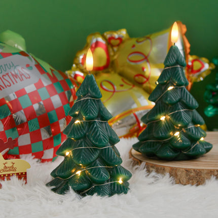 Flameless Flickering Remote Christmas Tree Shaped Candles with Light Strings, 4" x7" LED Battery Operated Green Handmade Carved Wax Timer 2 Pack Candles for Xmas Eve, Year, Christmas