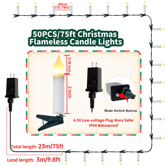 Christmas Tree Flameless Candles Lights, 50PCS LED Flickering Lights Candles for Christmas Tree, Electric LED Candle Lights with Clip, 8 Mode Timer Xmas Tree Candles Lights for Decoration