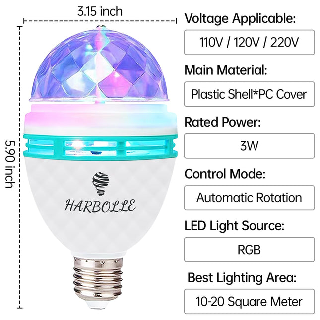 2 Pack RGB Color Rotating Bulb,E26/E27,LED Party Bulbs Colored Strobe Light Bulb Multi Crystal Stage Lights for Disco, Birthday Party Club Bar for Indoor & Outdoor Parties, Photography