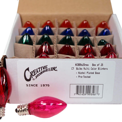Creative Hobbies® Box of 25 Colored Light Bulbs, Random Blinking, 7 Watt, C7 Candelabra Base -Great for Night Lights and Christmas Strings