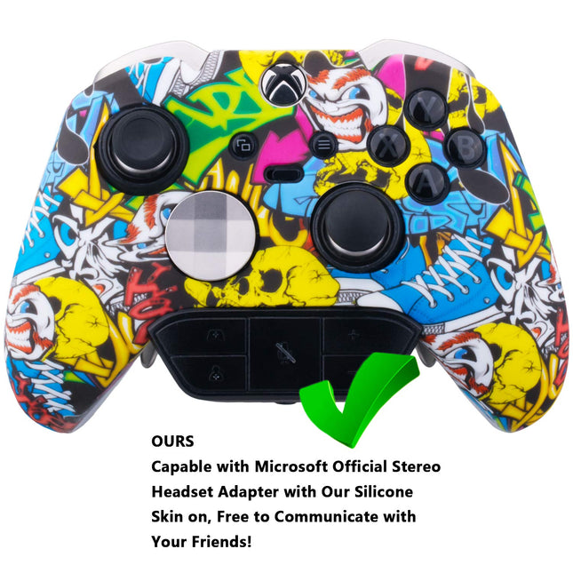 1 x Protective Customize Transfer Print Silicone Cover Skin Cartoon Skulls + 6 Thumb Grips Analog Caps for Xbox Elite Wireless Controller Compatible with Official Stereo Headset Adapter