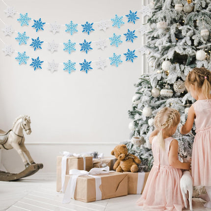 Whaline 4Pcs Snowflake Felt Banner White Blue Snowflake Garland Winter Bunting Garland for Christmas Winter Holiday Hanging Decoration