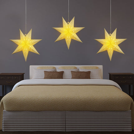 3 Set Star Paper Lantern Hanging Hollow Out Star Light White 7 Pointed Glitter Star with LED Light Battery Box Hanging Decorations for Christmas Birthday Holiday Wedding Home 13.8 Inch